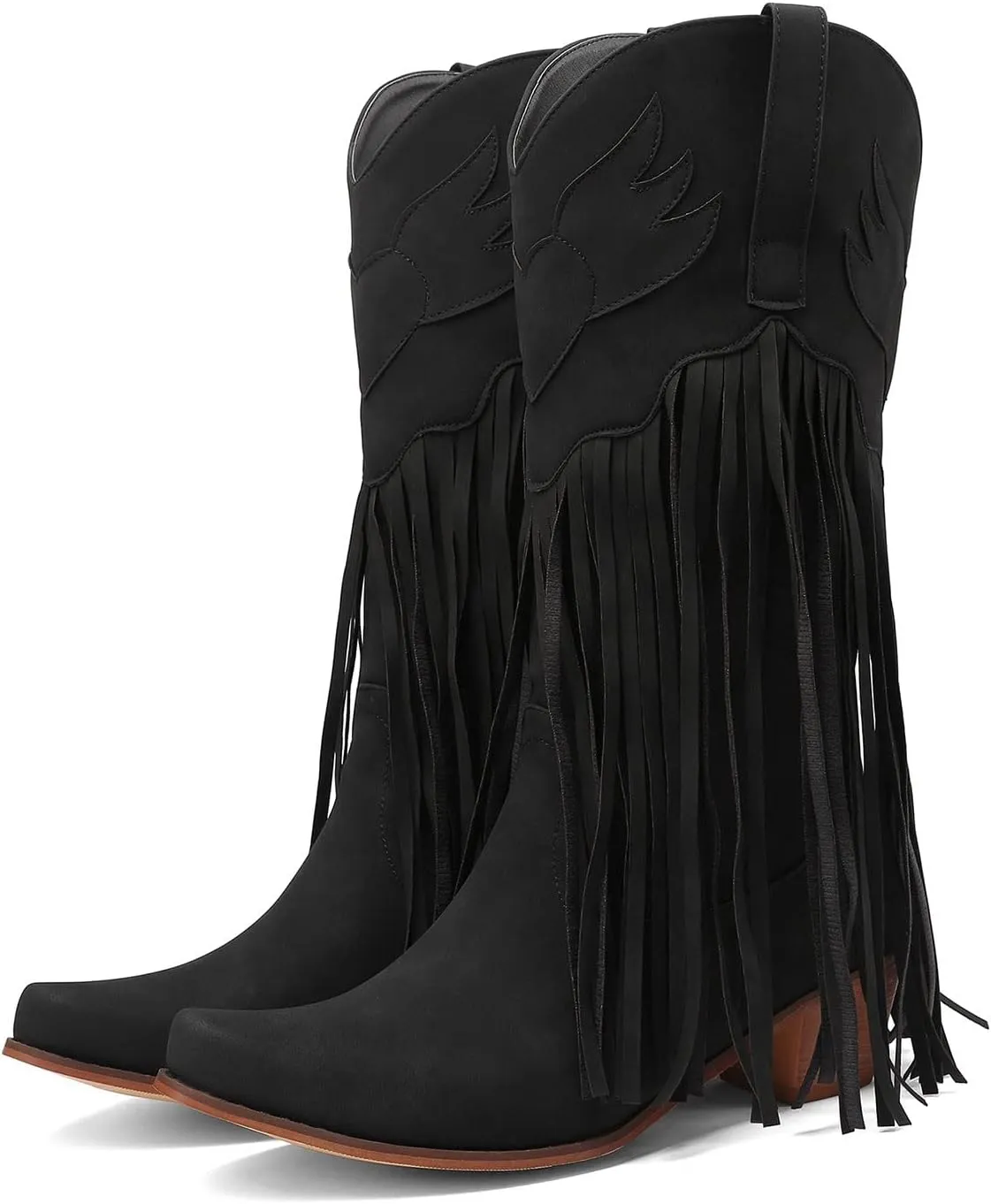 Cowboy Boots for Women Mid Calf Fringe Cowgirl Boots Fringe Western Low Heel Boots Wide Calf Riding Cowboy Boots