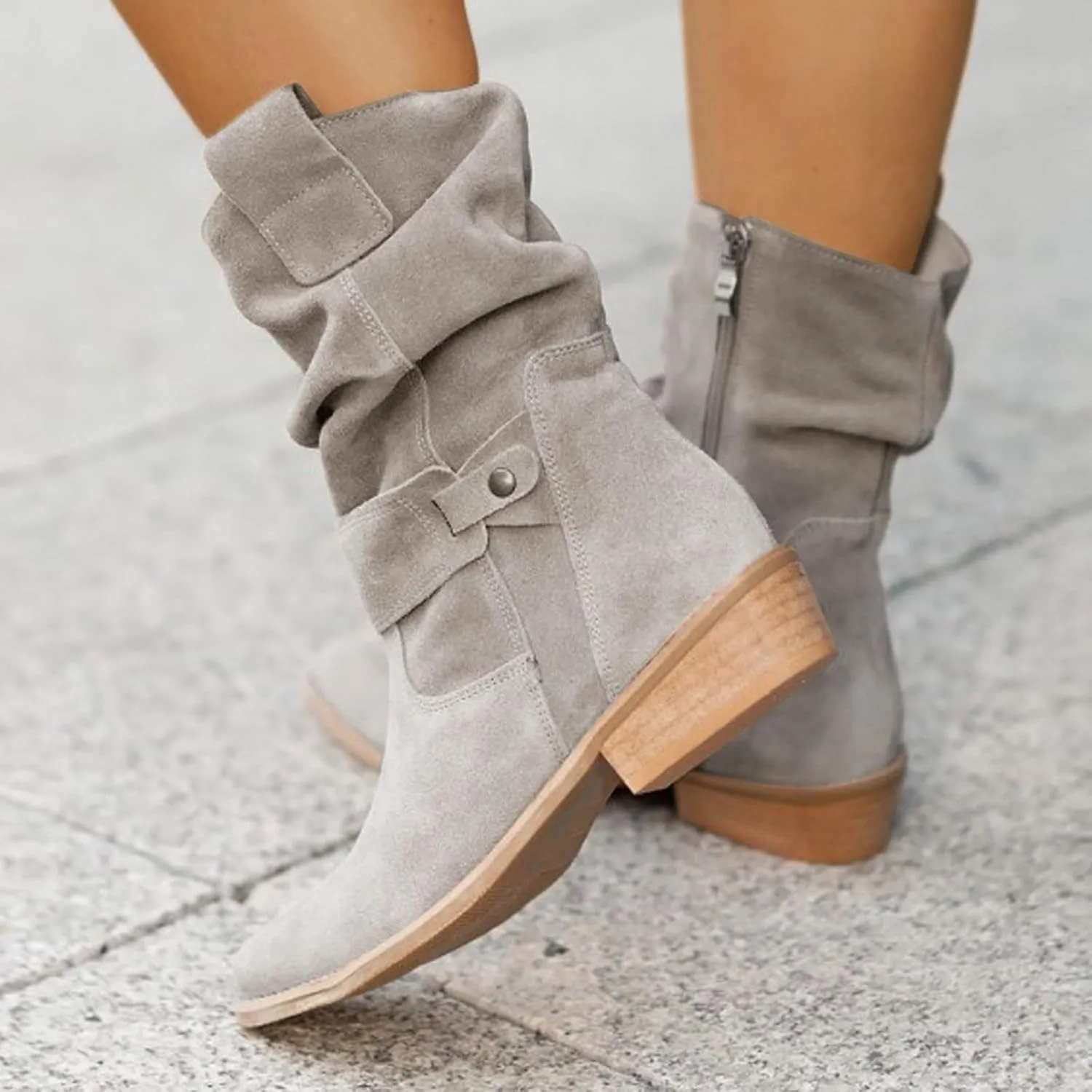 Cowgirl Boots for Women Wide Calf Western Cowboy Boots Retro Low Heel Mid Calf Boots Suede Zipper Dress Winter Shoes