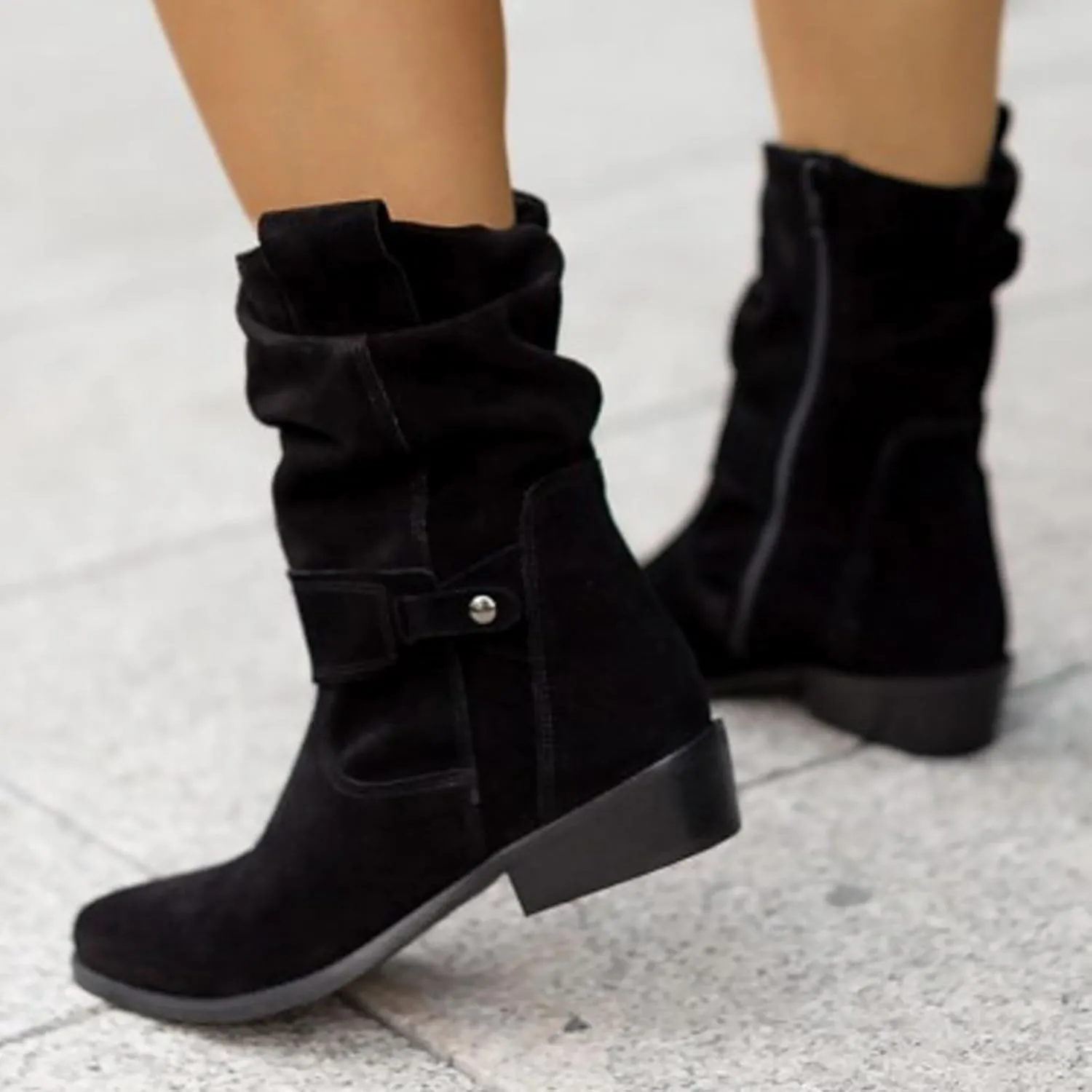 Cowgirl Boots for Women Wide Calf Western Cowboy Boots Retro Low Heel Mid Calf Boots Suede Zipper Dress Winter Shoes