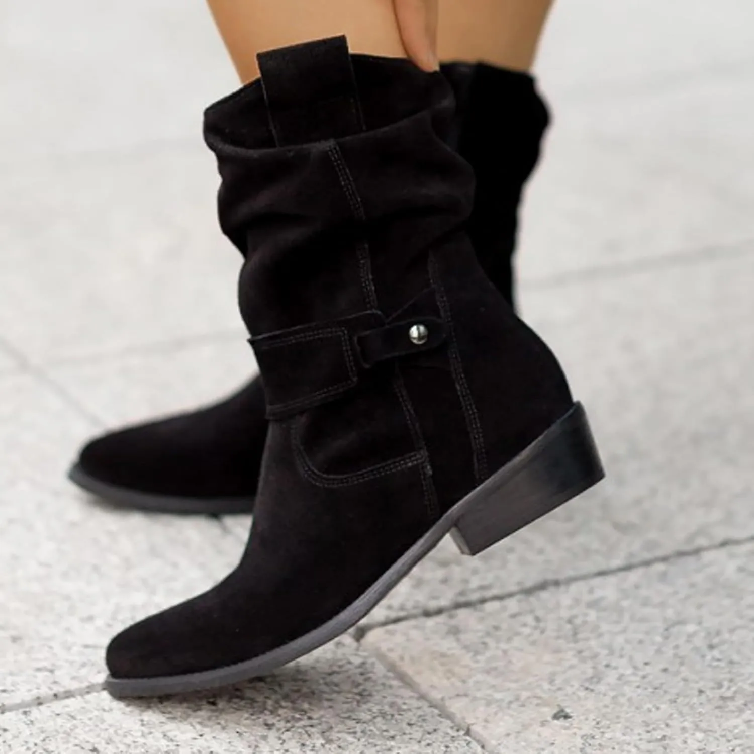 Cowgirl Boots for Women Wide Calf Western Cowboy Boots Retro Low Heel Mid Calf Boots Suede Zipper Dress Winter Shoes