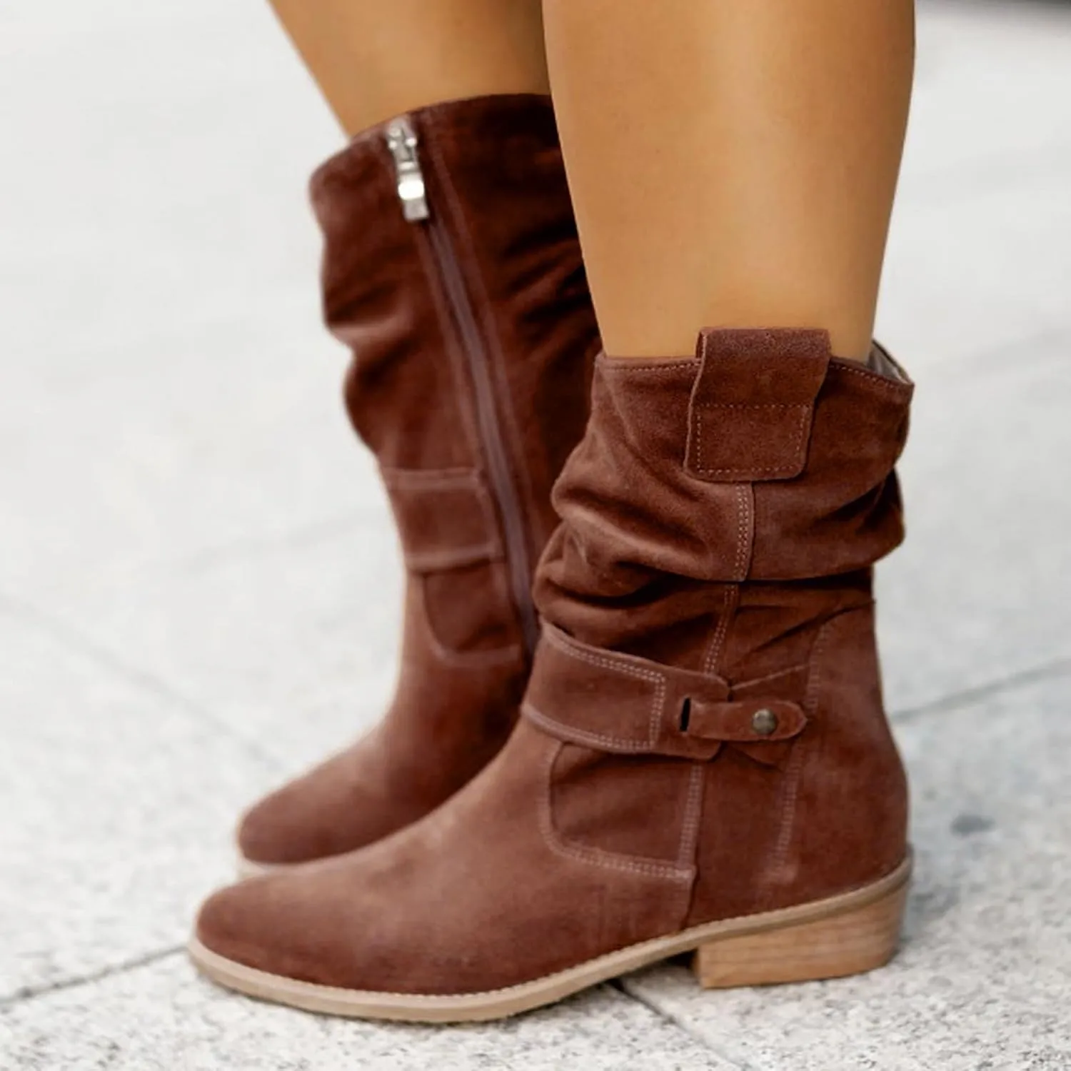 Cowgirl Boots for Women Wide Calf Western Cowboy Boots Retro Low Heel Mid Calf Boots Suede Zipper Dress Winter Shoes