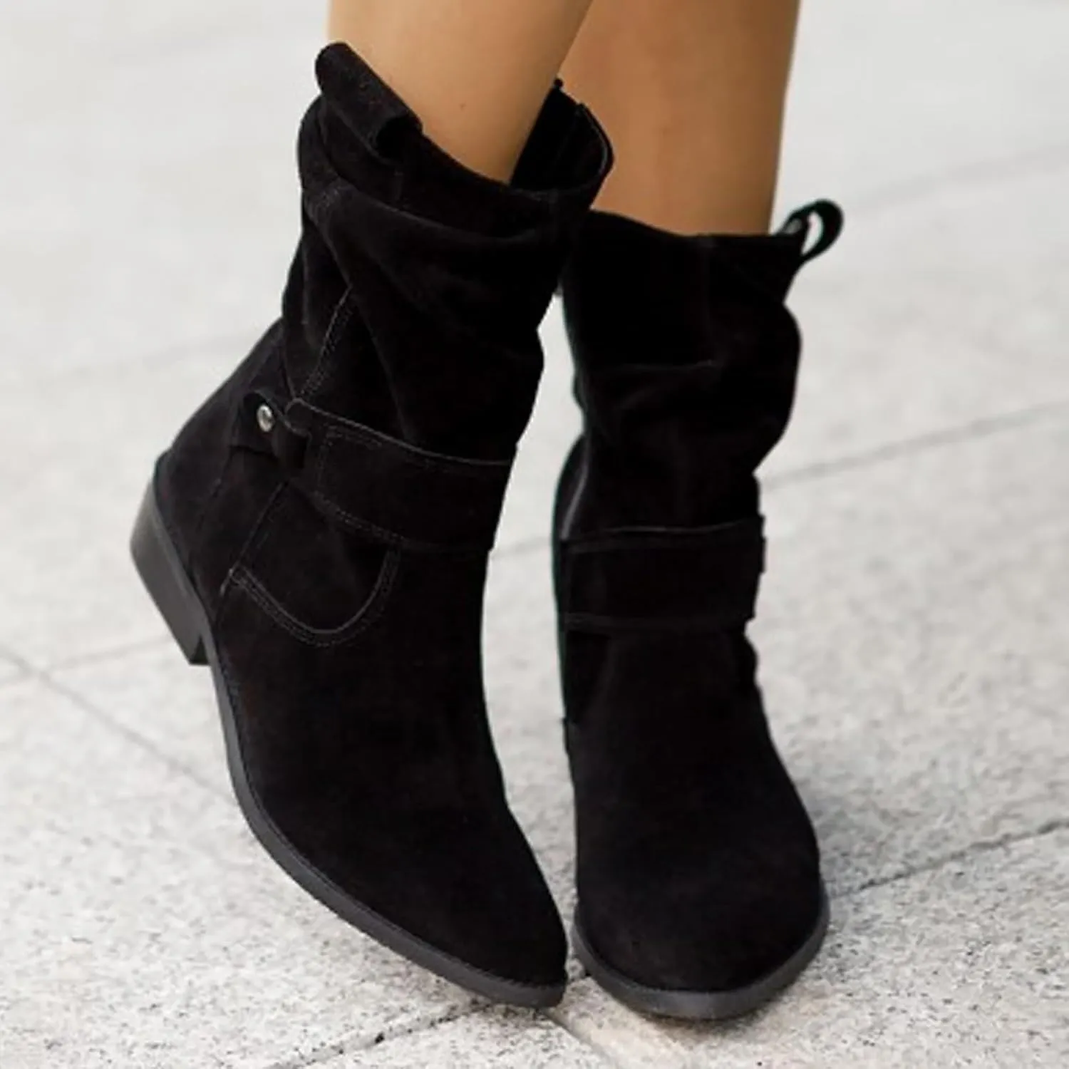 Cowgirl Boots for Women Wide Calf Western Cowboy Boots Retro Low Heel Mid Calf Boots Suede Zipper Dress Winter Shoes