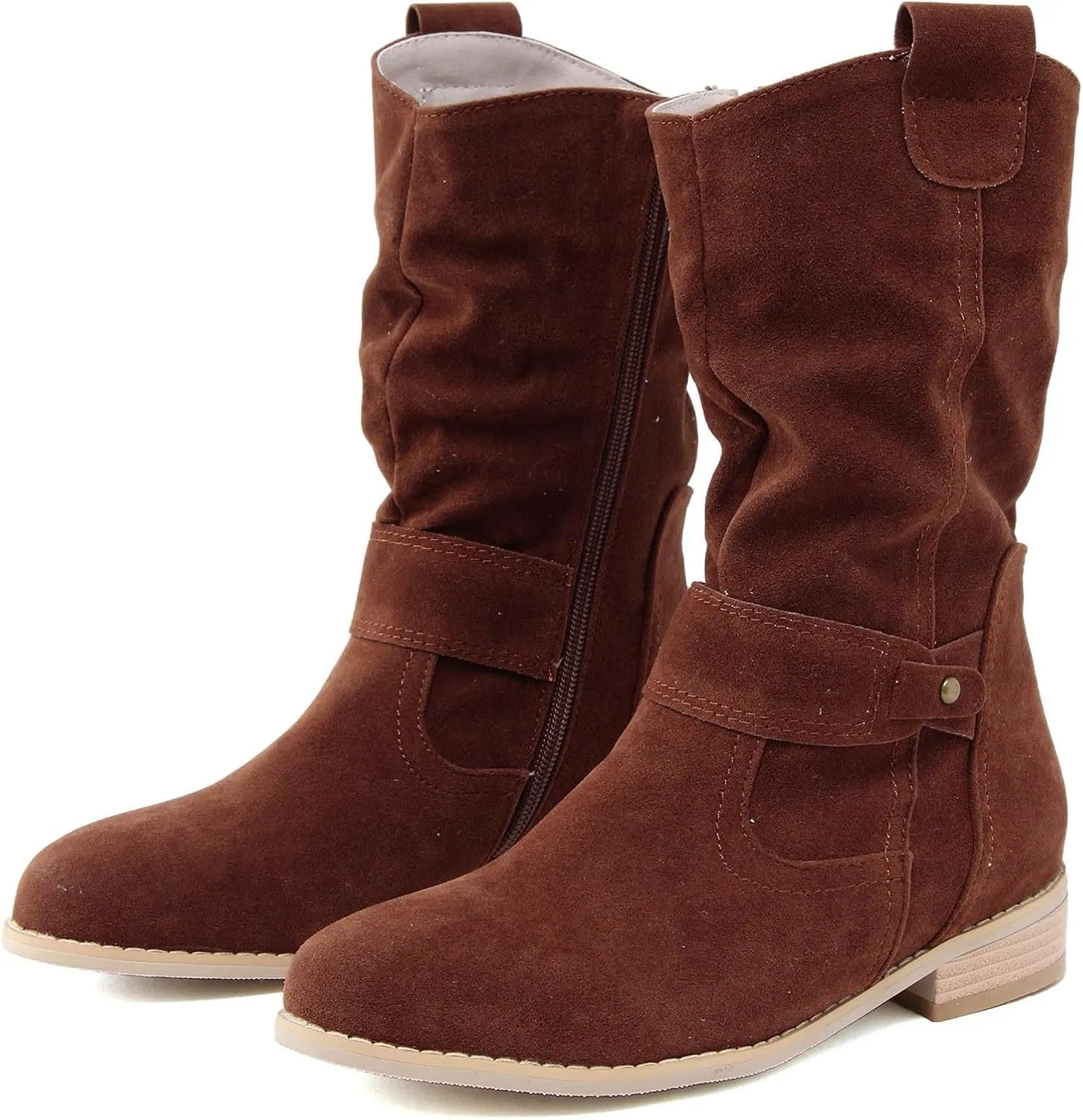 Cowgirl Boots for Women Wide Calf Western Cowboy Boots Retro Low Heel Mid Calf Boots Suede Zipper Dress Winter Shoes