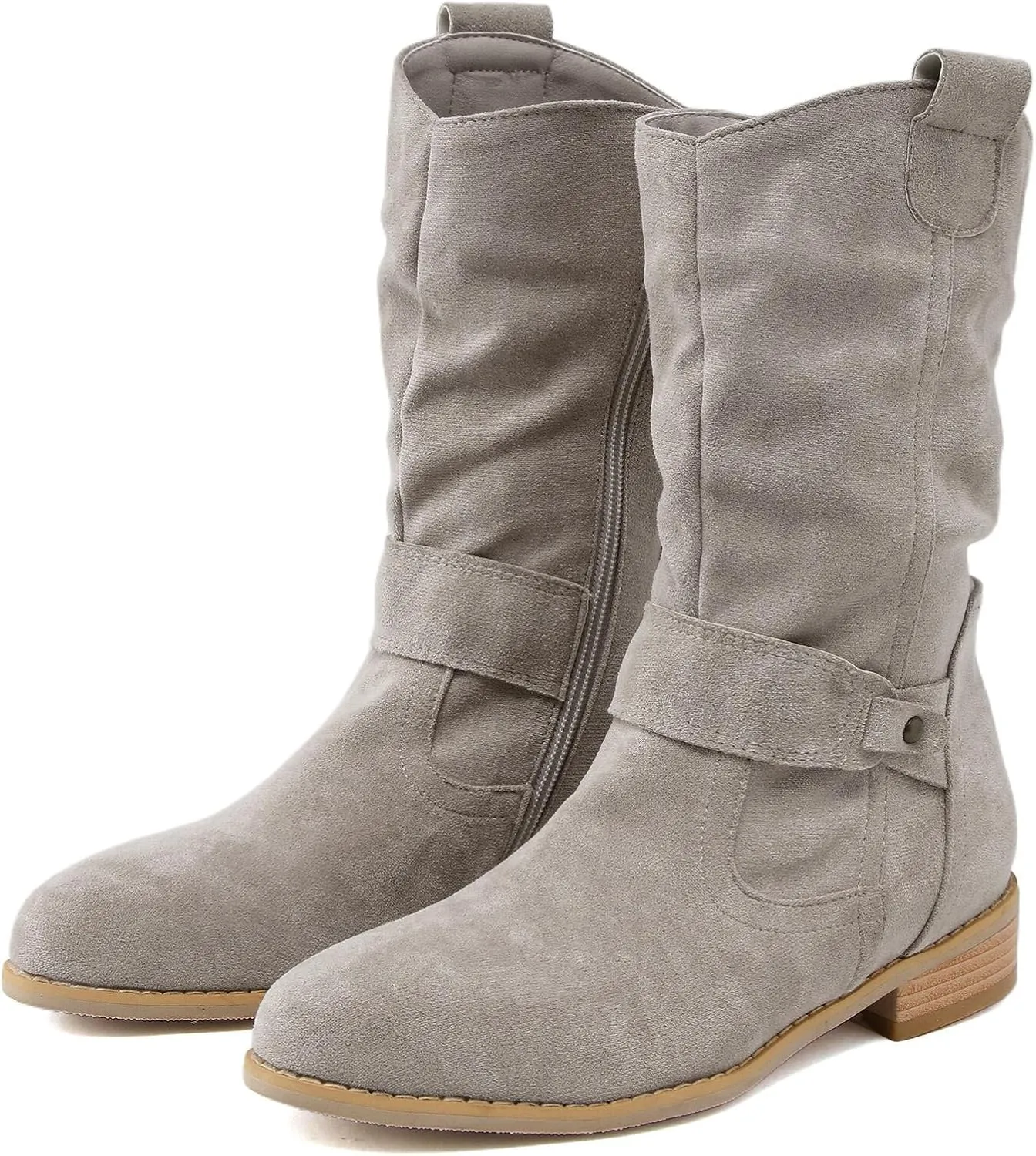 Cowgirl Boots for Women Wide Calf Western Cowboy Boots Retro Low Heel Mid Calf Boots Suede Zipper Dress Winter Shoes