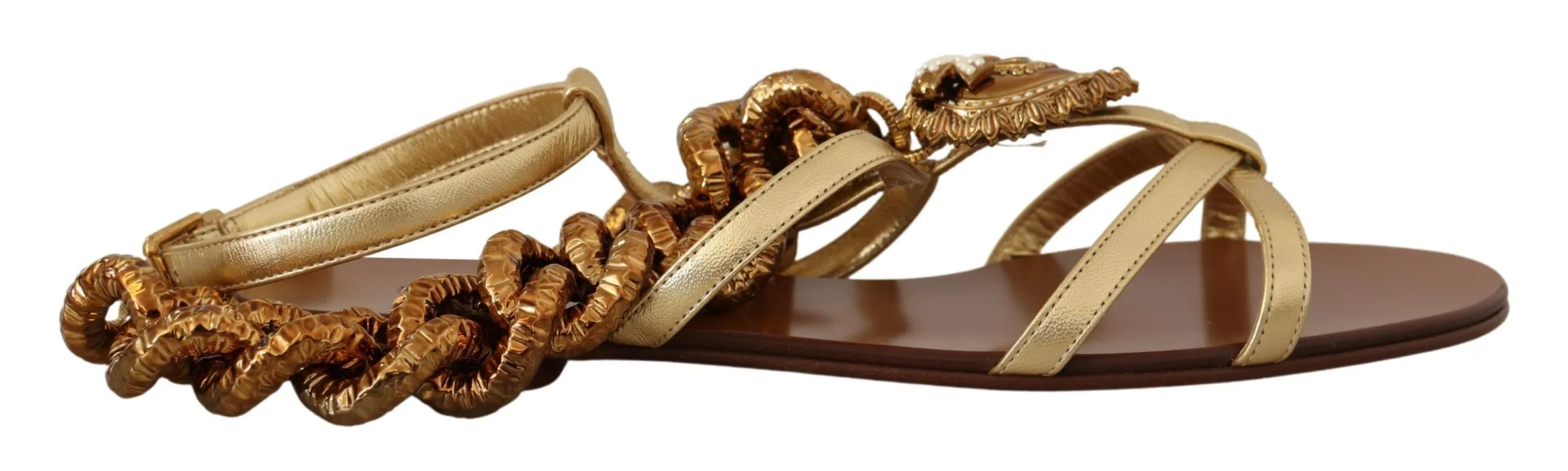 Dolce & Gabbana Gold Leather Devotion Flats Sandals