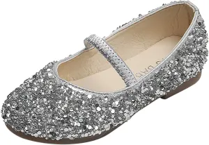 EnJoCho Baby Cute Girls Dress Shoes Shoes for Girls Comfortable PU Flats School Shoes for Mary Jane (Silver-b#wer, 8.5-9 Years)