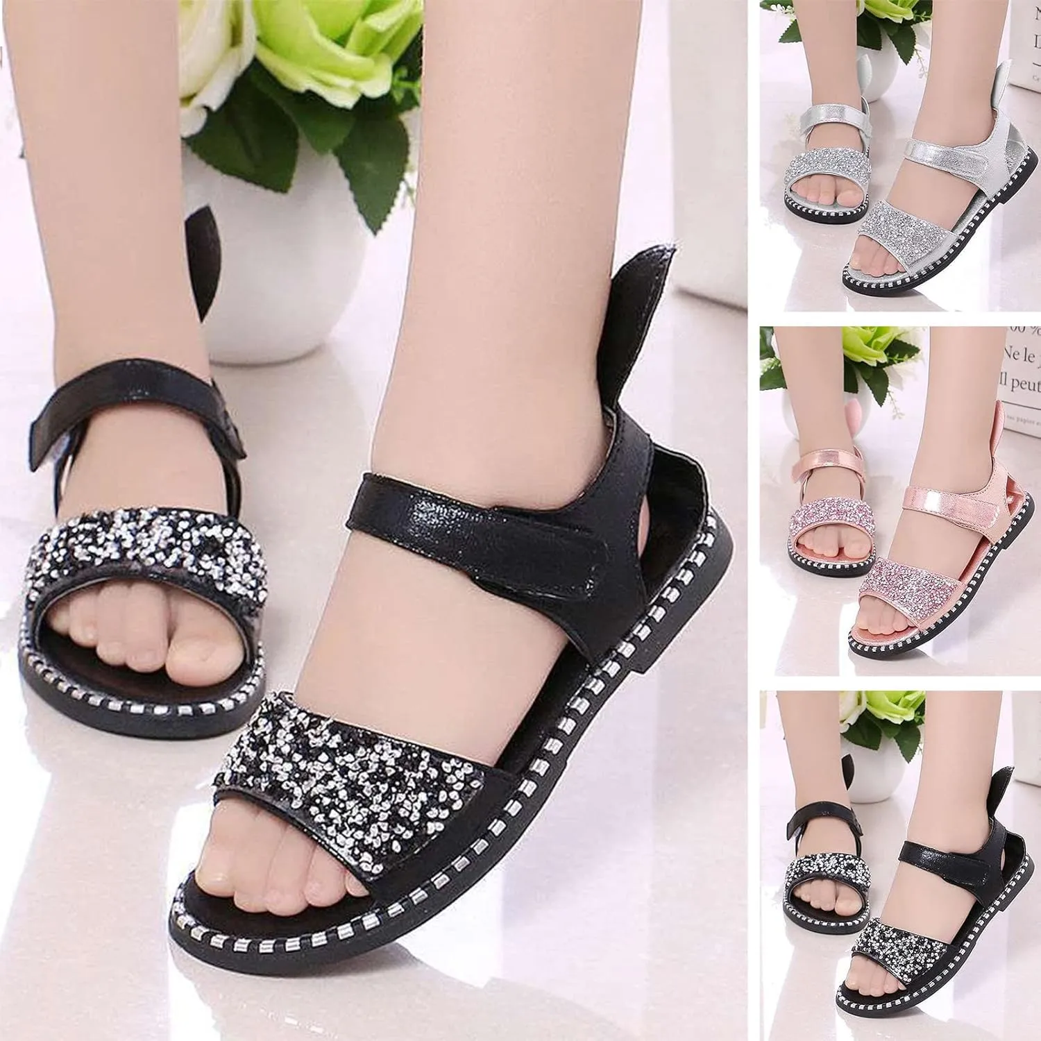 EnJoCho Children Soft Sole Shoes Toddler Little Girl Dress Sandals Shoes Casual Slip On Ballet Flat Sequins Princess Shoes (Black#17, 9 Toddler)
