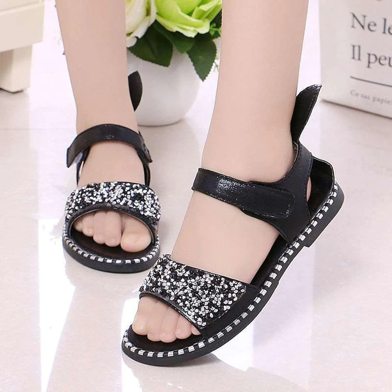 EnJoCho Children Soft Sole Shoes Toddler Little Girl Dress Sandals Shoes Casual Slip On Ballet Flat Sequins Princess Shoes (Black#17, 9 Toddler)