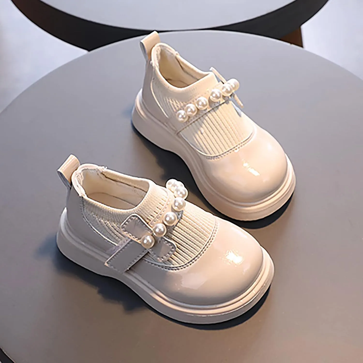 EnJoCho Running Shoes for Toddler Girls Little Kid Big Kid Dress Flat Ballerina Shoe Leather Shoes Comfort Cute Single Shoes (Beige, 30)