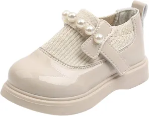 EnJoCho Running Shoes for Toddler Girls Little Kid Big Kid Dress Flat Ballerina Shoe Leather Shoes Comfort Cute Single Shoes (Beige, 30)