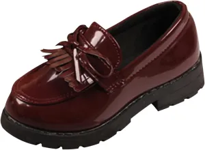 EnJoCho Running Shoes for Toddler Girls Slip On Leather Loafer Tassel Bow Flats School Dress Shoes for Girls (Wine, 31)