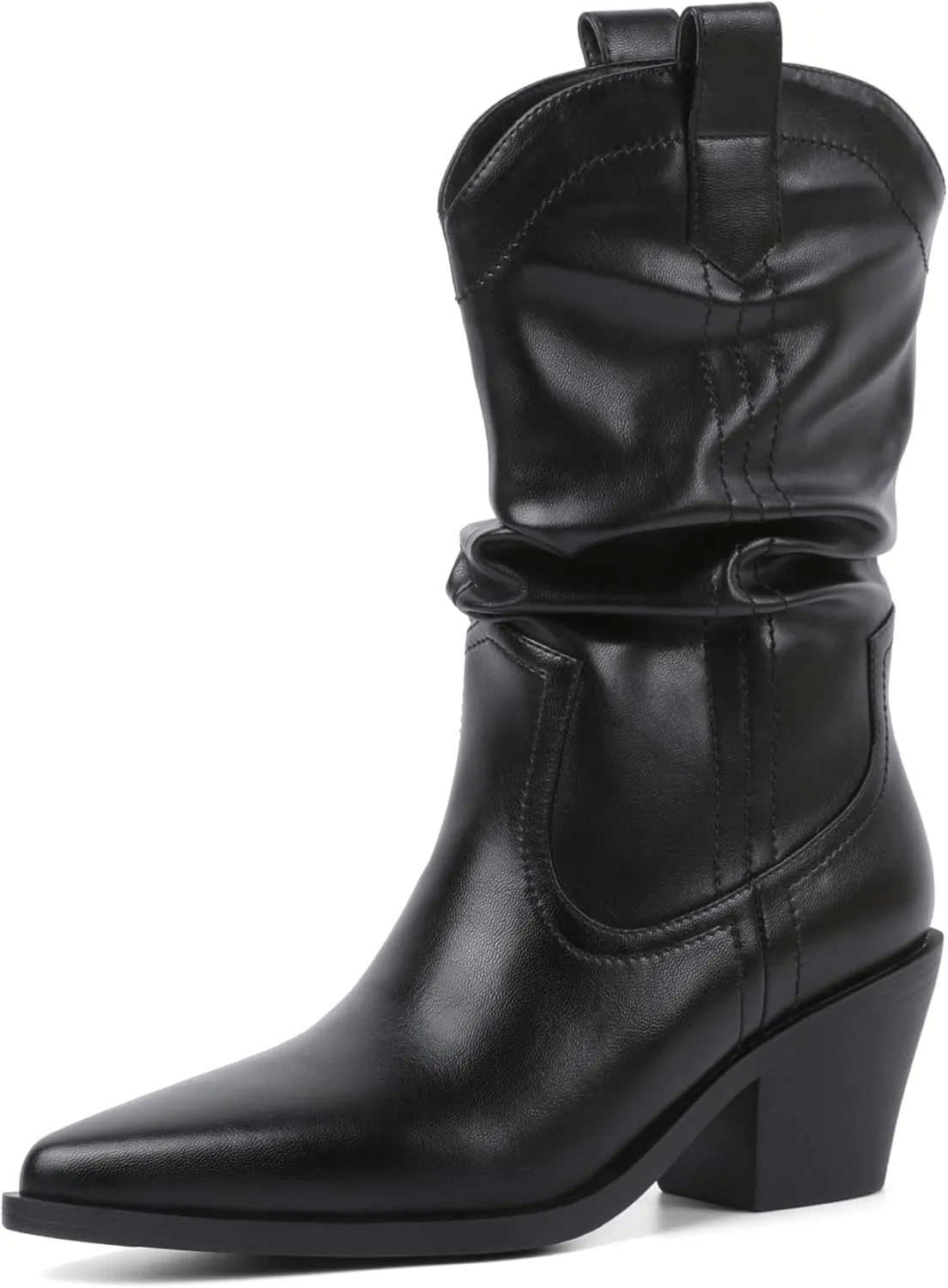 Esvowido Womens Slouchy Western Cowboy Cowgirl Retro Mid calf Boots Faux Suede Leather Stylish Booties Outdoor Travel