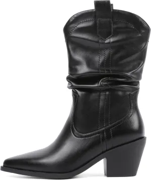 Esvowido Womens Slouchy Western Cowboy Cowgirl Retro Mid calf Boots Faux Suede Leather Stylish Booties Outdoor Travel