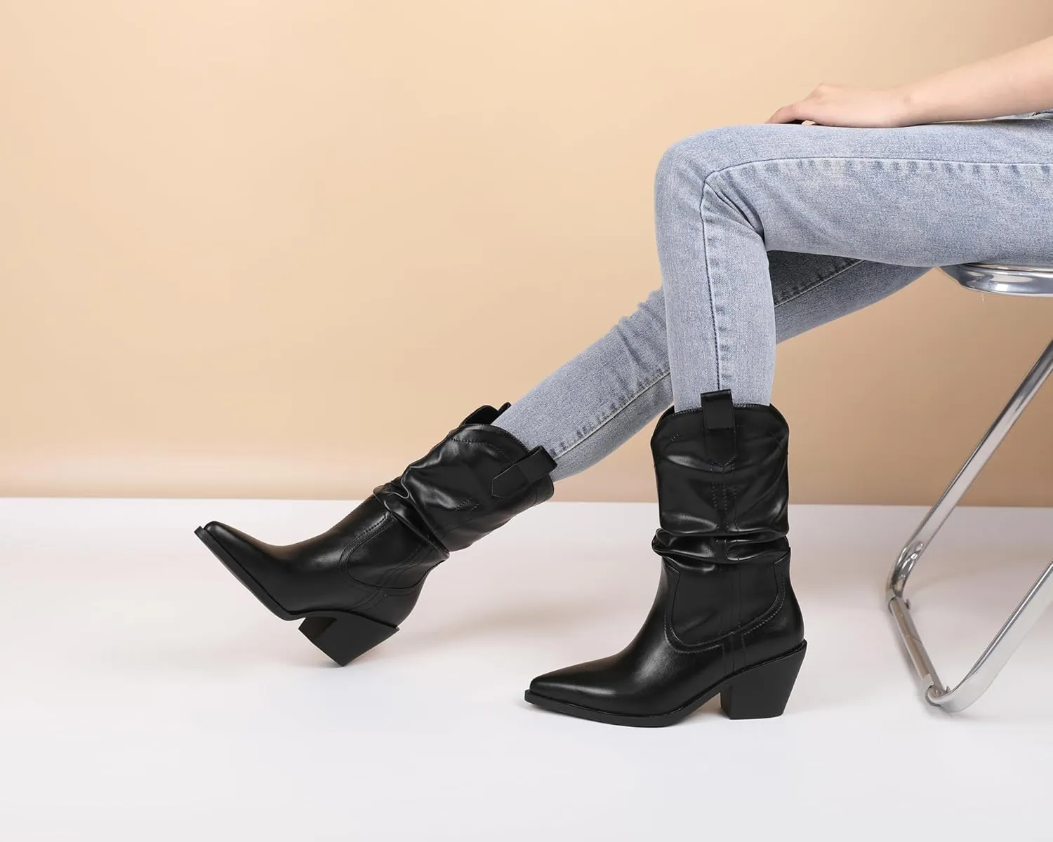 Esvowido Womens Slouchy Western Cowboy Cowgirl Retro Mid calf Boots Faux Suede Leather Stylish Booties Outdoor Travel