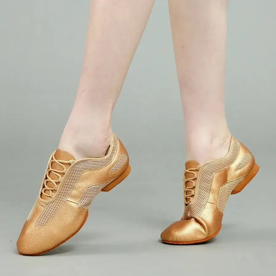 Flex Practice Soft Gold Latin Dance Shoes – 1.5'' Heel with Suede Sole
