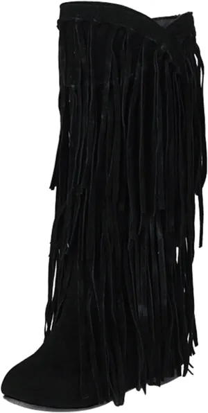 Fringe Cowboy Boots for Women Western Tassel Riding Cowgirl Boots Pull on Mid Calf Boots Fashion Buckle Boots