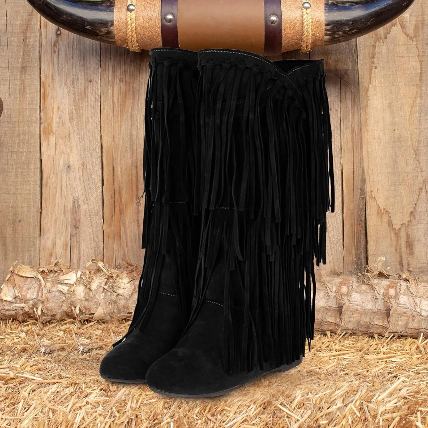 Fringe Cowboy Boots for Women Western Tassel Riding Cowgirl Boots Pull on Mid Calf Boots Fashion Buckle Boots