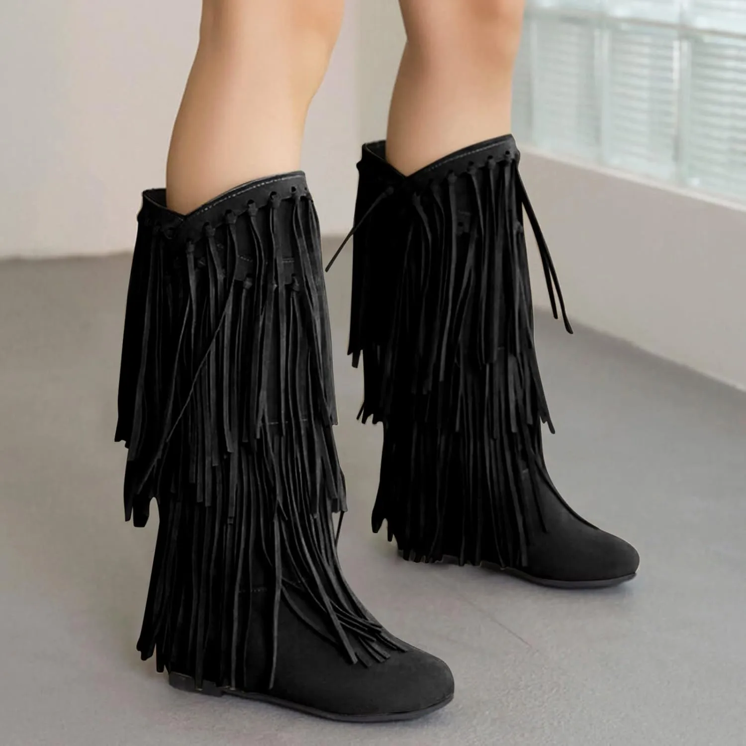 Fringe Cowboy Boots for Women Western Tassel Riding Cowgirl Boots Pull on Mid Calf Boots Fashion Buckle Boots