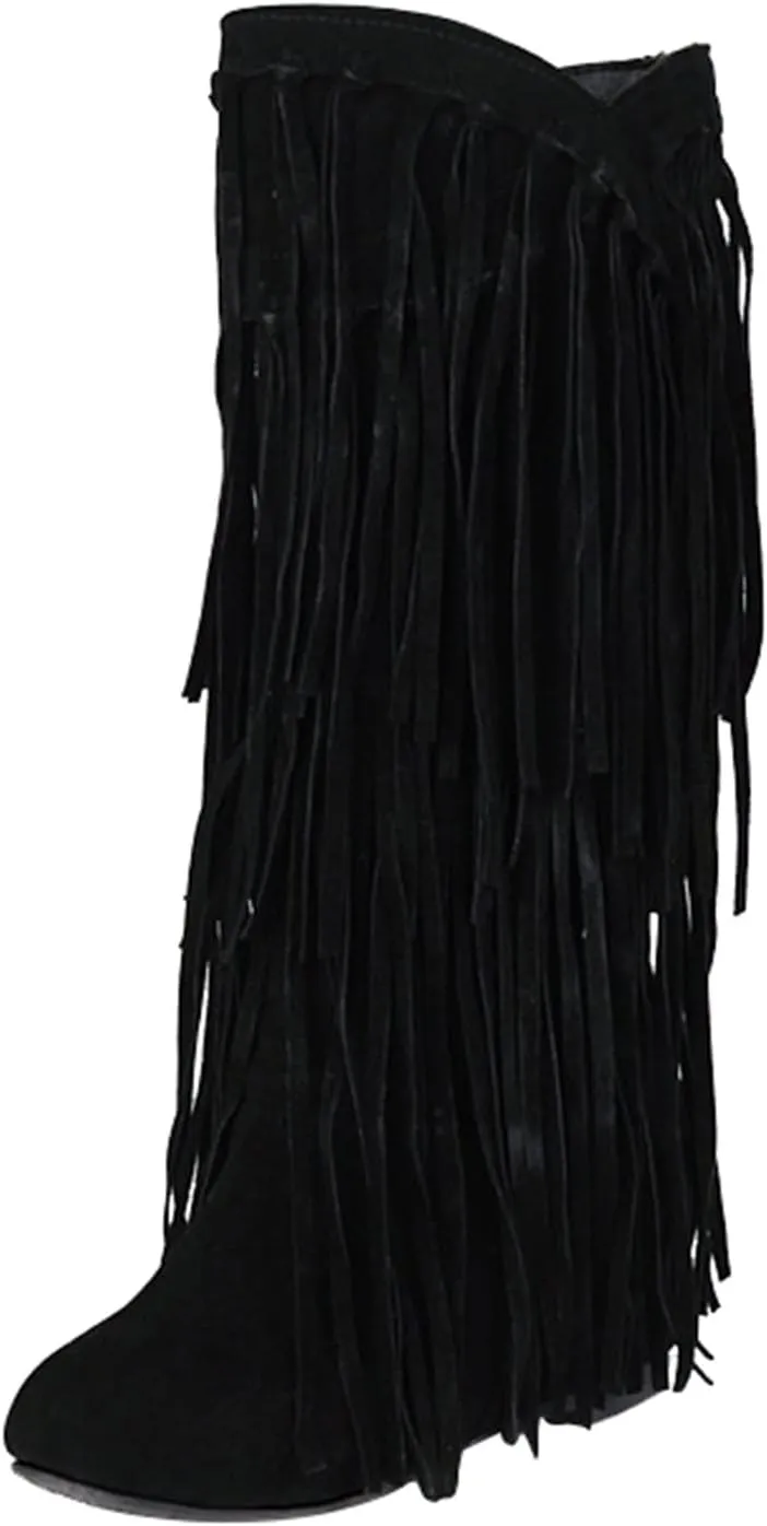 Fringe Cowboy Boots for Women Western Tassel Riding Cowgirl Boots Pull on Mid Calf Boots Fashion Buckle Boots
