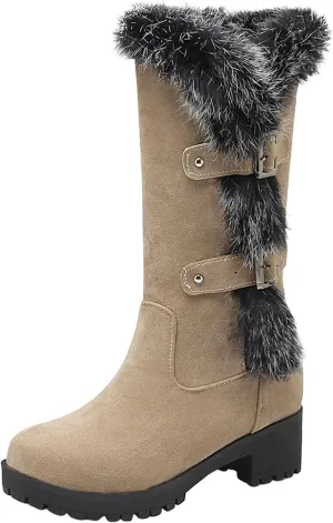 Furry Boots for Women Warm Flock Fur Insulated Snow Boots Cozy Mid Calf Winter Boots Casual Non-slip Platform Boots