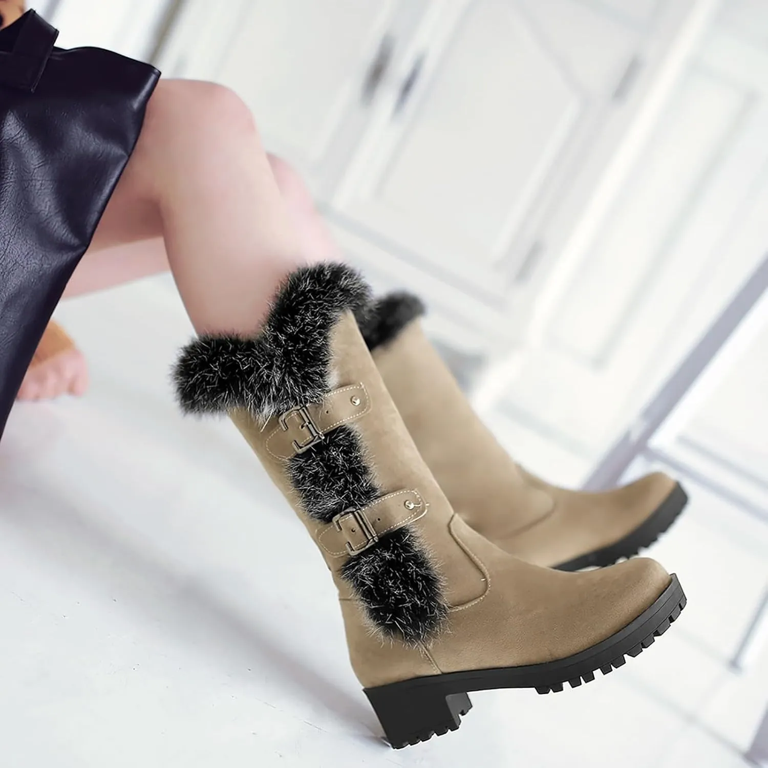 Furry Boots for Women Warm Flock Fur Insulated Snow Boots Cozy Mid Calf Winter Boots Casual Non-slip Platform Boots
