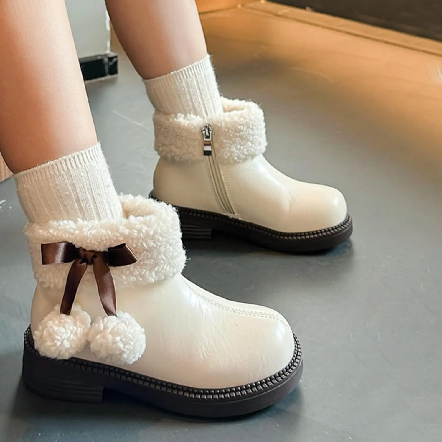 Fuzzy ow Heel Booties For Girls Kids Leather Soft Sole Non Slip Shoes Childrens aterproof Warm Fr Snow Boots Comfy