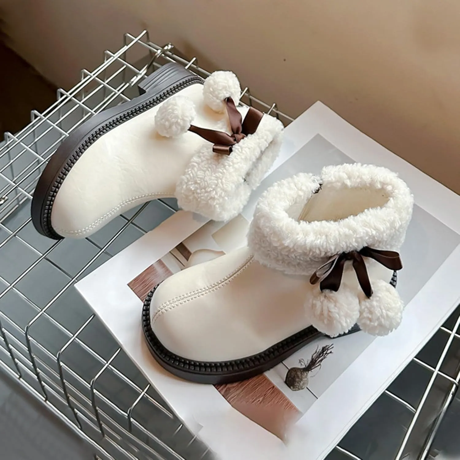 Fuzzy ow Heel Booties For Girls Kids Leather Soft Sole Non Slip Shoes Childrens aterproof Warm Fr Snow Boots Comfy