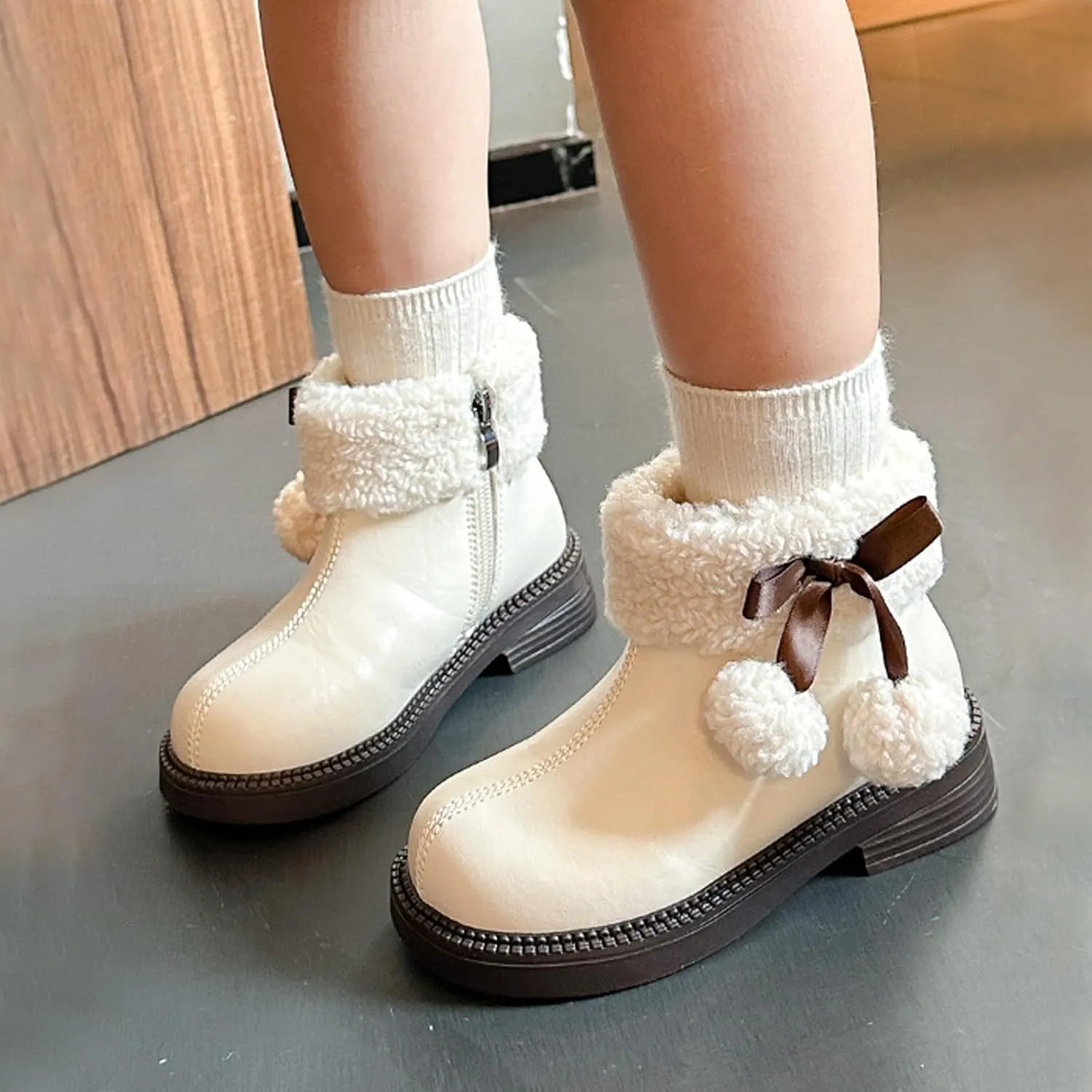 Fuzzy ow Heel Booties For Girls Kids Leather Soft Sole Non Slip Shoes Childrens aterproof Warm Fr Snow Boots Comfy