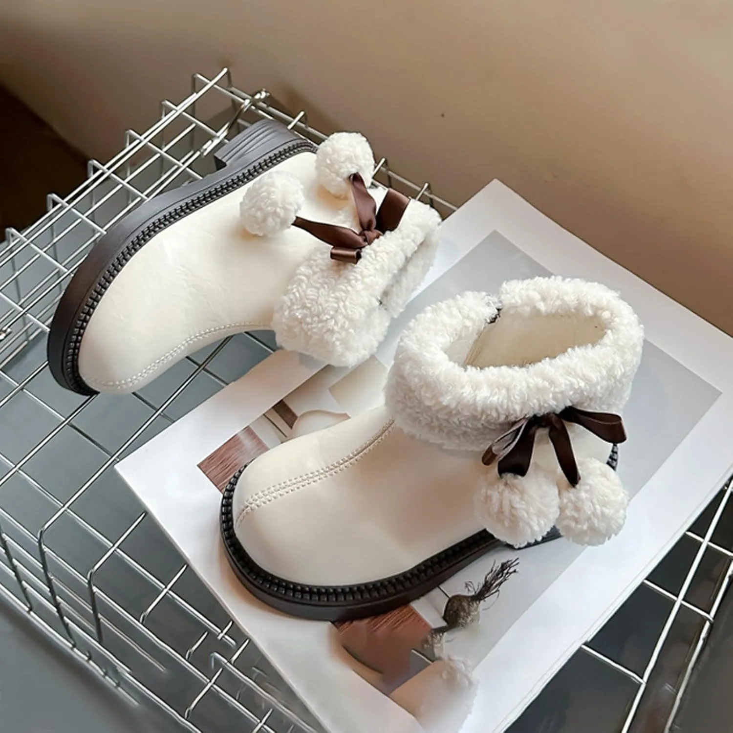 Fuzzy ow Heel Booties For Girls Kids Leather Soft Sole Non Slip Shoes Childrens aterproof Warm Fr Snow Boots Comfy