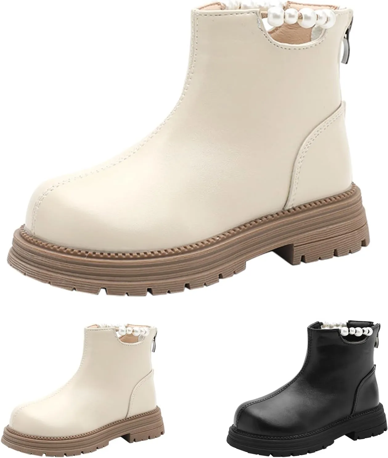 Girl Ankle Boots Soft Rubber Sole Low Heel Western Ankle Booties Kids Non-Slip Zipper Shoes with Pearl Decoration