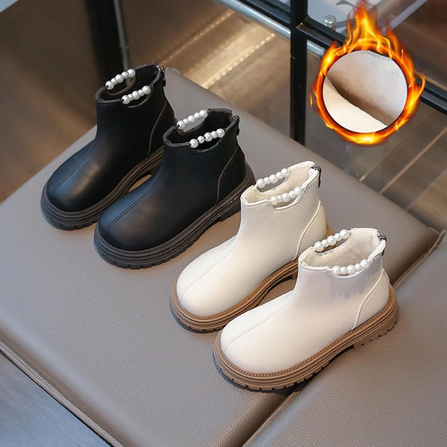Girl Ankle Boots Soft Rubber Sole Low Heel Western Ankle Booties Kids Non-Slip Zipper Shoes with Pearl Decoration