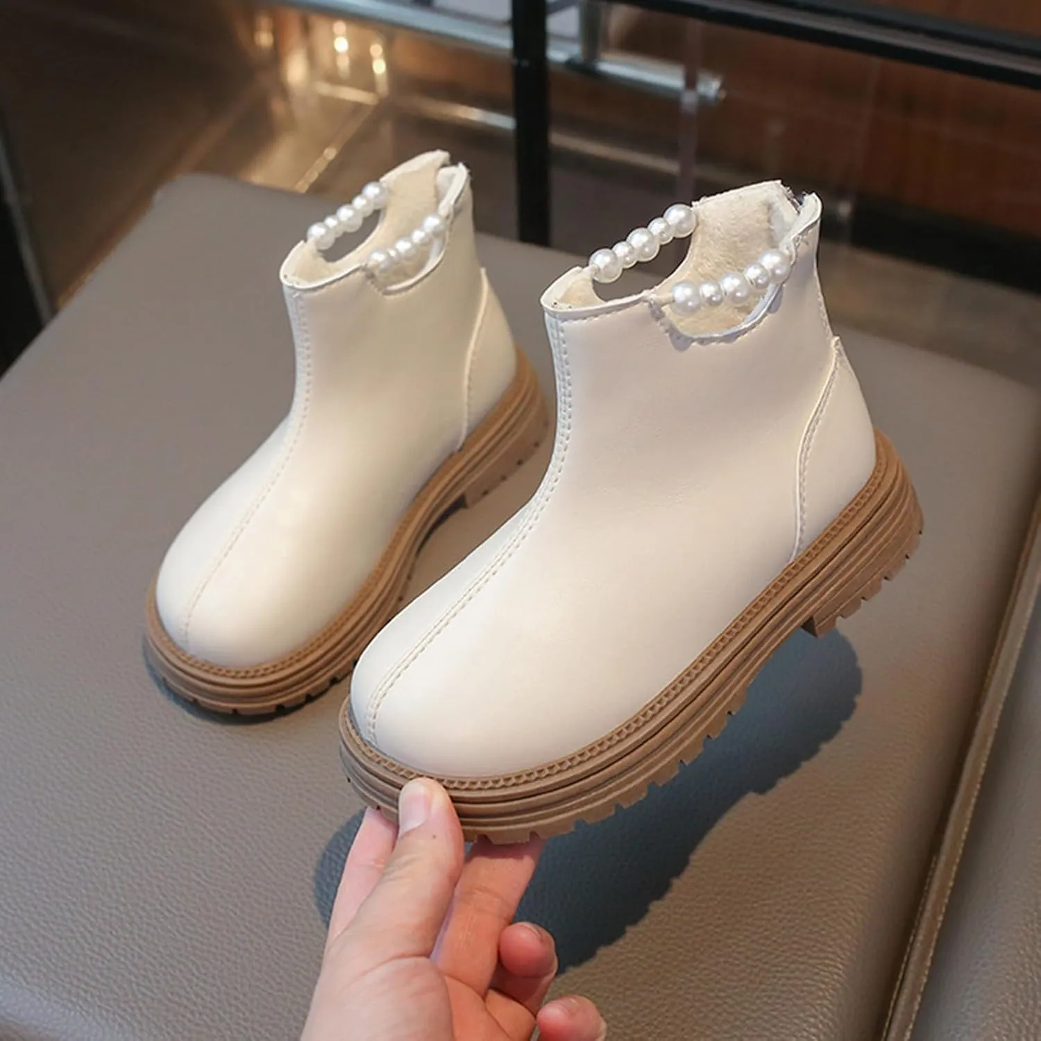Girl Ankle Boots Soft Rubber Sole Low Heel Western Ankle Booties Kids Non-Slip Zipper Shoes with Pearl Decoration