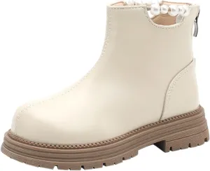 Girl Ankle Boots Soft Rubber Sole Low Heel Western Ankle Booties Kids Non-Slip Zipper Shoes with Pearl Decoration