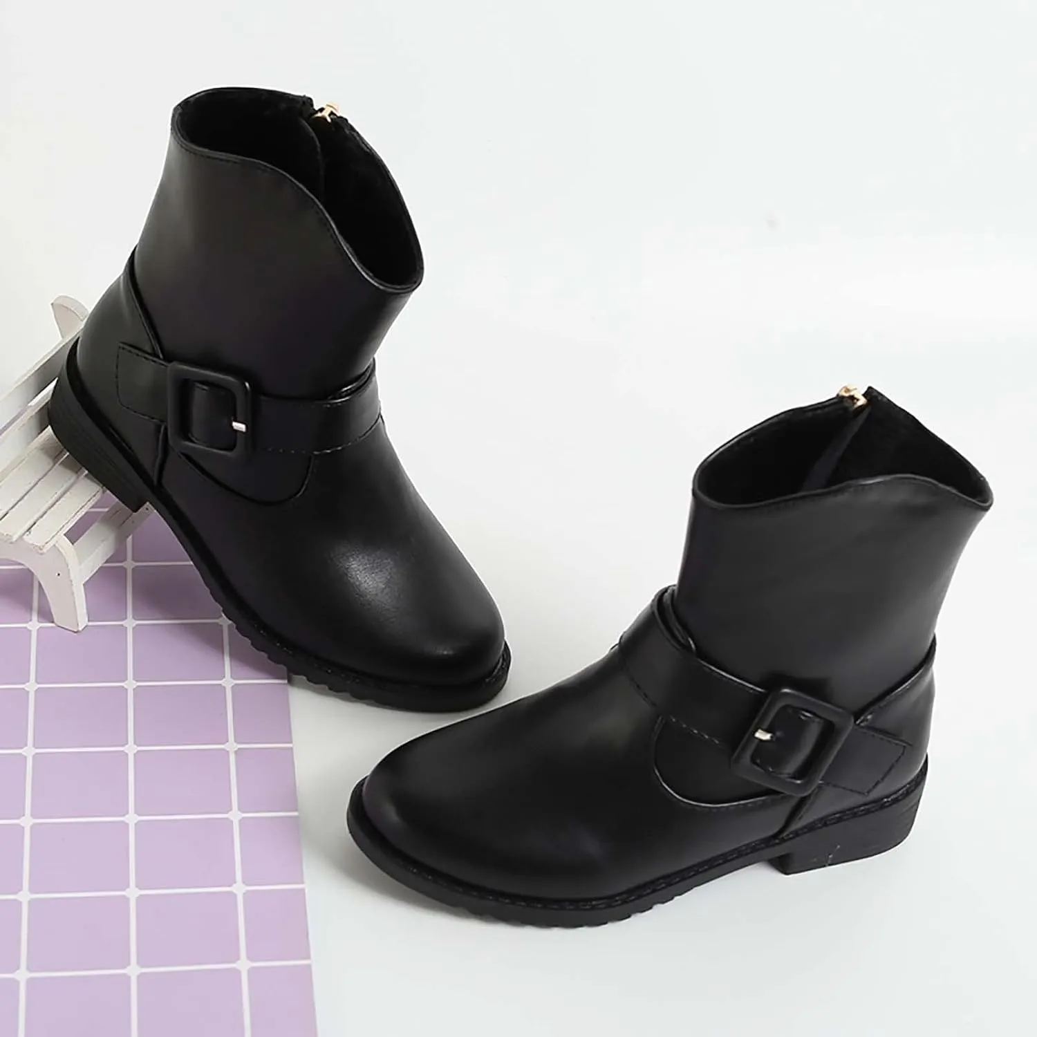 Girls Buckle Decor Side Zipper Western Boots Kids Ankle Boots Girls Low Heel Riding Booties with Kids Girl Boots Size 2