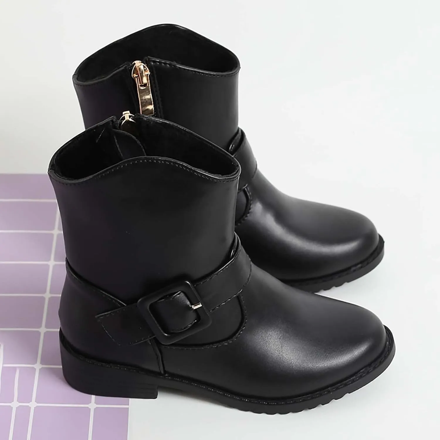 Girls Buckle Decor Side Zipper Western Boots Kids Ankle Boots Girls Low Heel Riding Booties with Kids Girl Boots Size 2