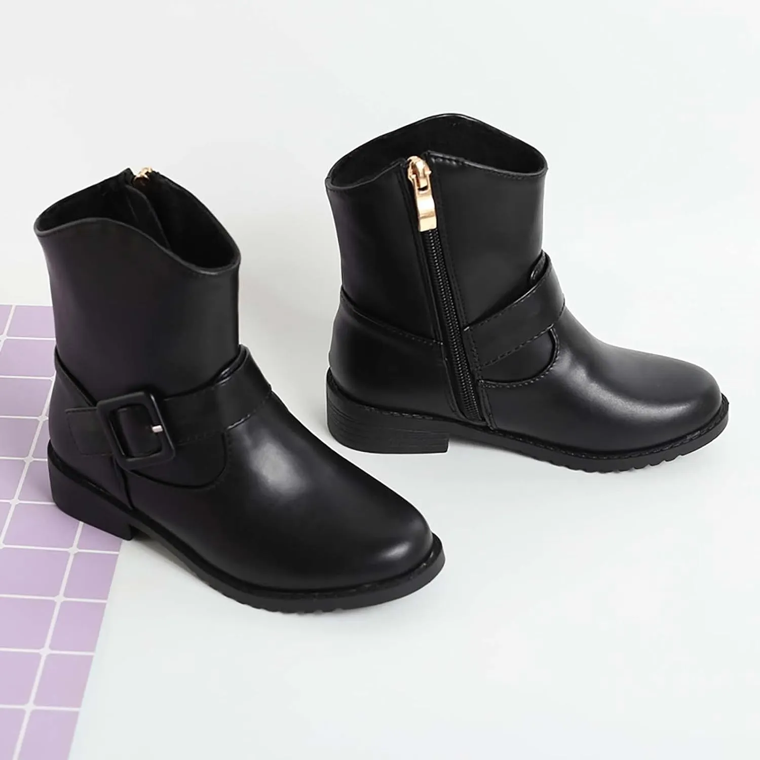 Girls Buckle Decor Side Zipper Western Boots Kids Ankle Boots Girls Low Heel Riding Booties with Kids Girl Boots Size 2