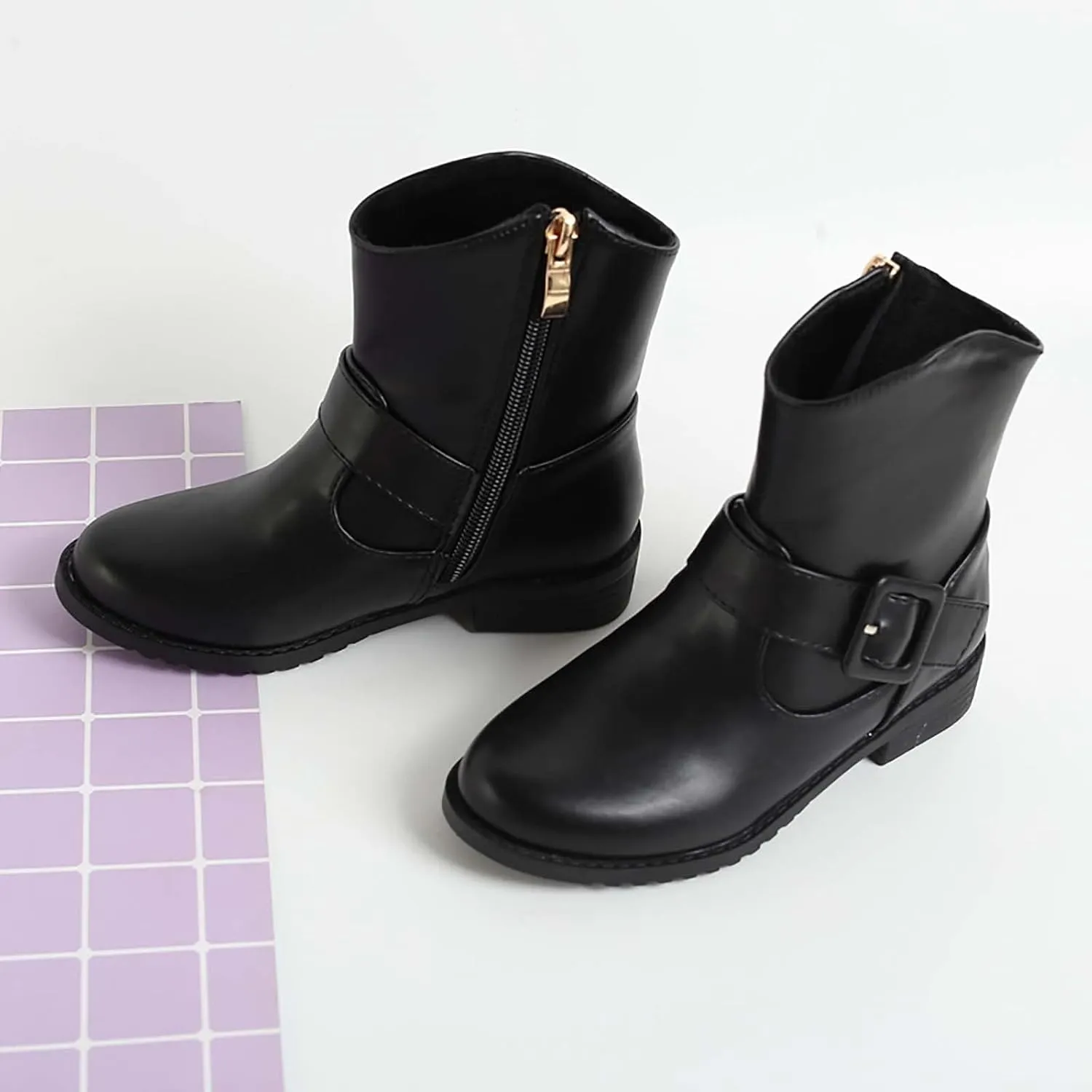 Girls Buckle Decor Side Zipper Western Boots Kids Ankle Boots Girls Low Heel Riding Booties with Kids Girl Boots Size 2
