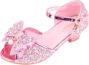 Girls Kids Sequins Dress Dance Sneakers Open Toe Ankle with Strap Low Heel Wedding Shoes Fancy Bow Glitter