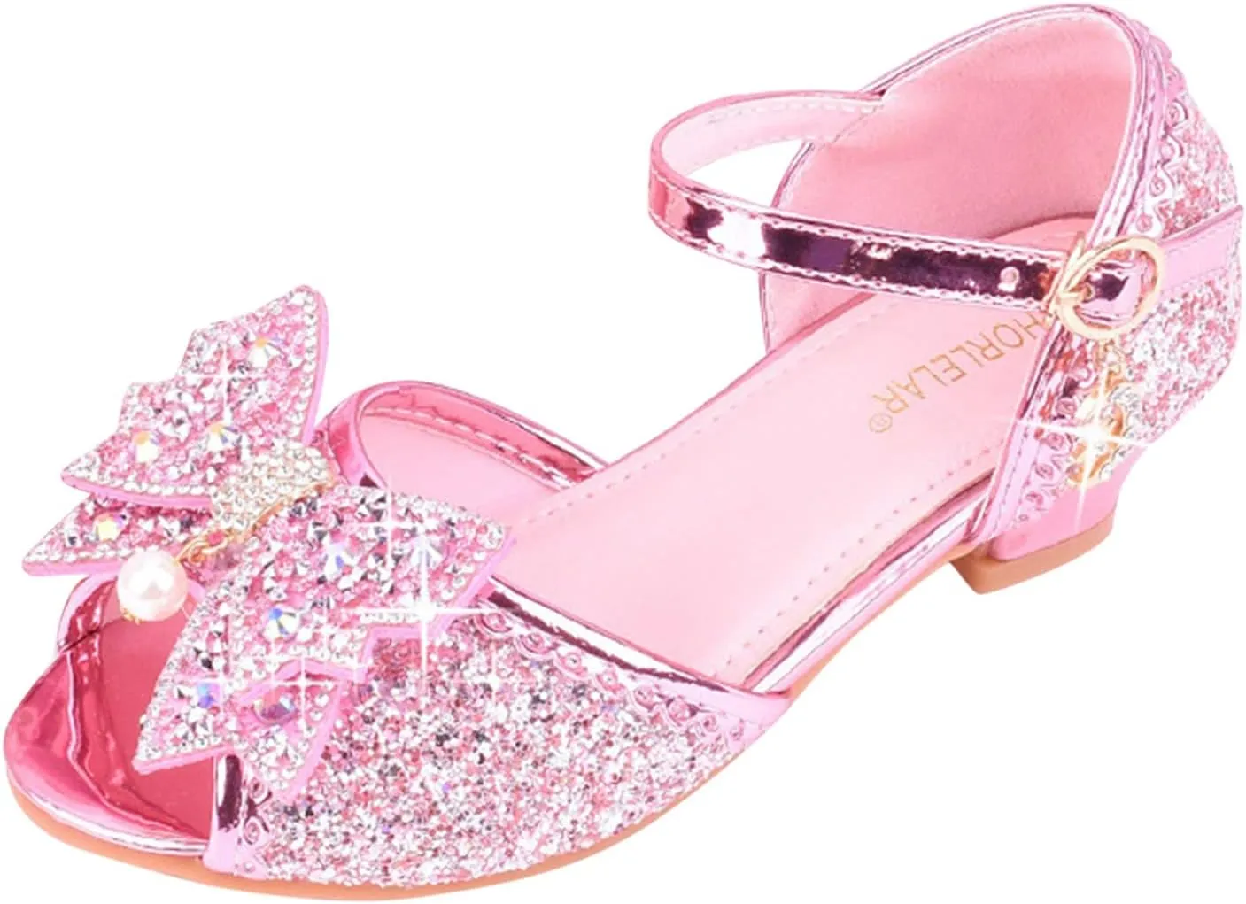 Girls Kids Sequins Dress Dance Sneakers Open Toe Ankle with Strap Low Heel Wedding Shoes Fancy Bow Glitter
