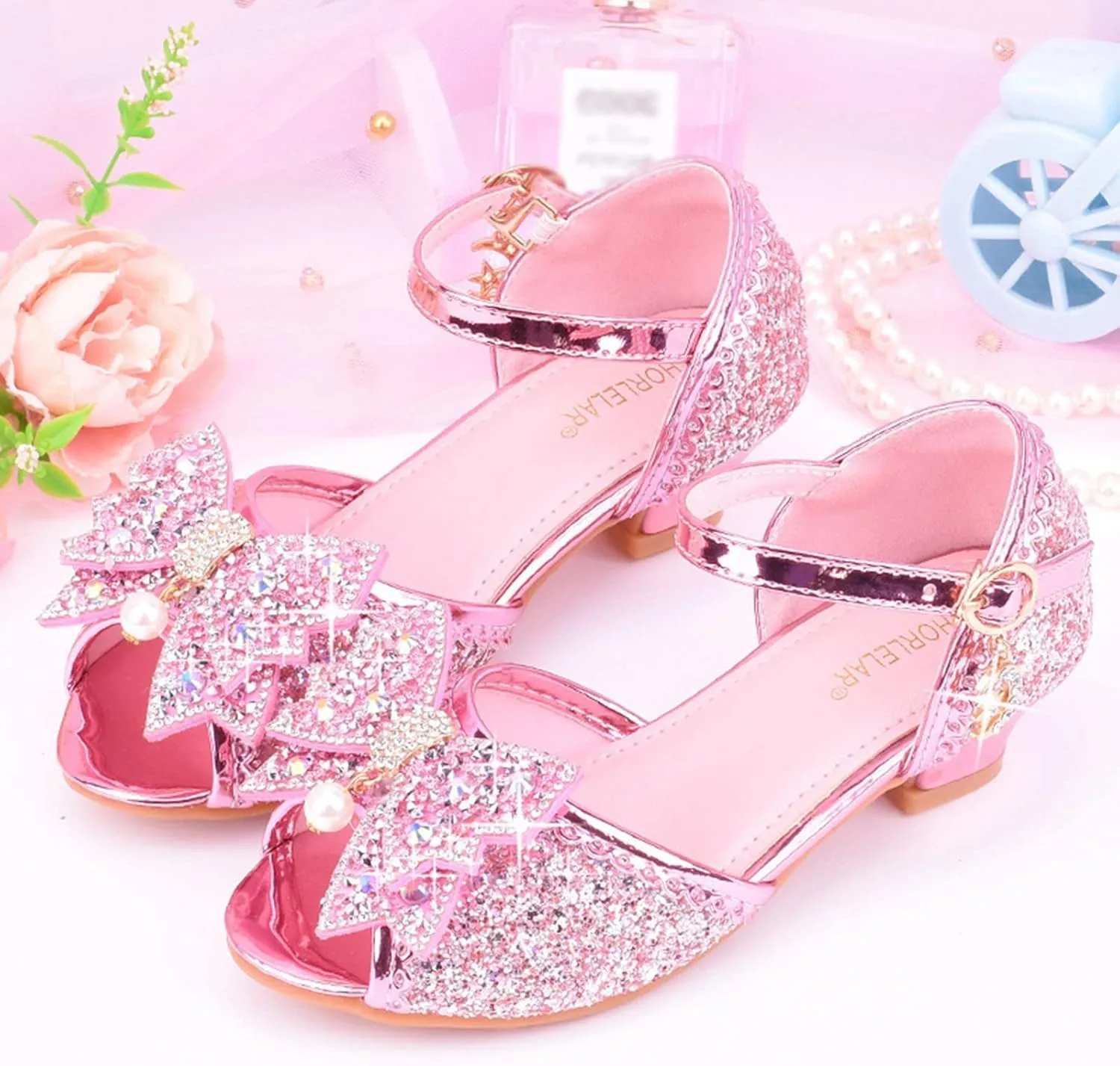 Girls Kids Sequins Dress Dance Sneakers Open Toe Ankle with Strap Low Heel Wedding Shoes Fancy Bow Glitter