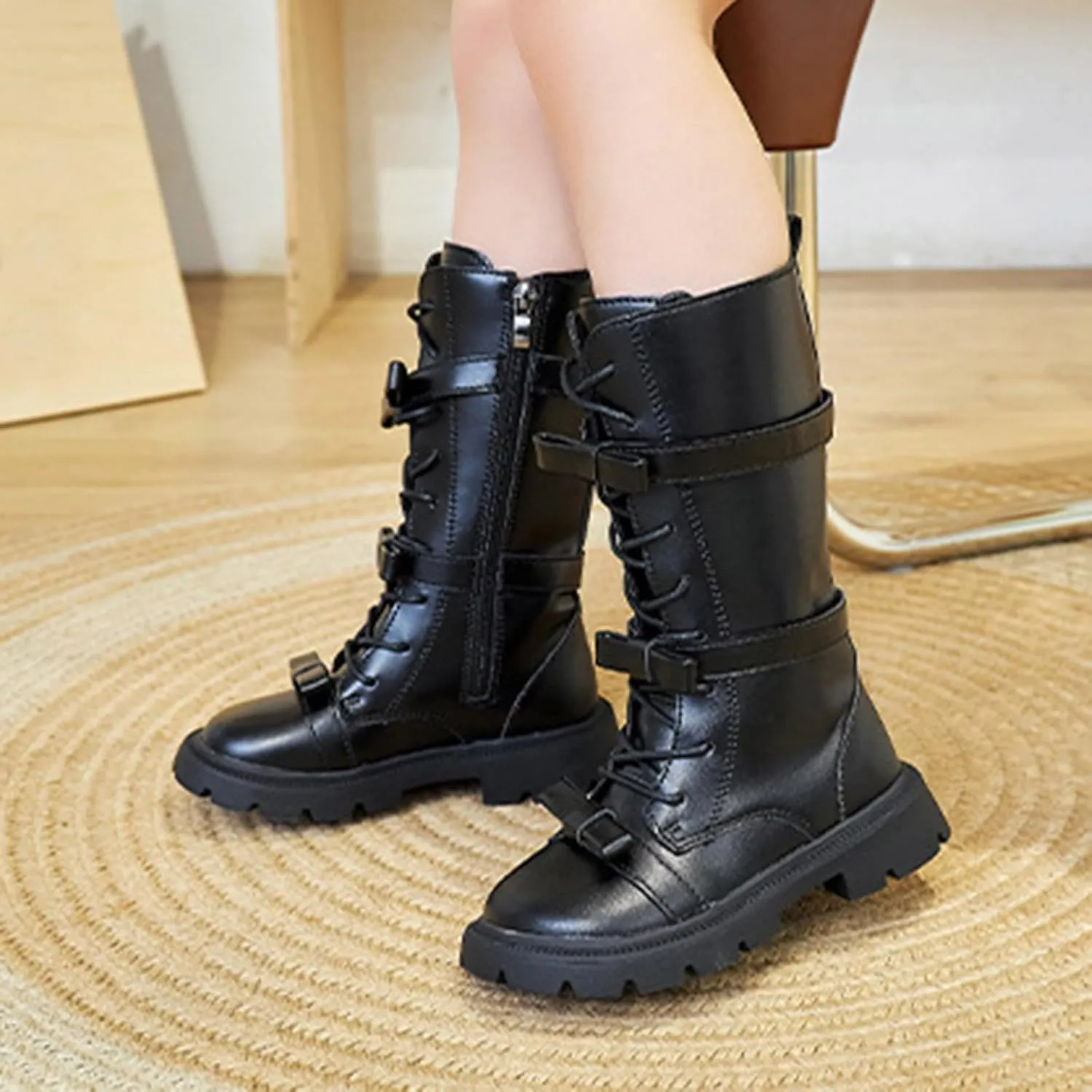 Girls Knee High Fashion Boots Buckle Zipper Flat Boots Non-Slip Fall Winter Flat Riding Boots Western Cowboy Boots