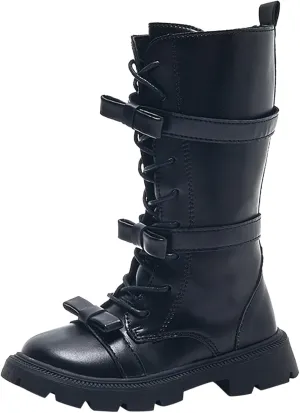 Girls Knee High Fashion Boots Buckle Zipper Flat Boots Non-Slip Fall Winter Flat Riding Boots Western Cowboy Boots