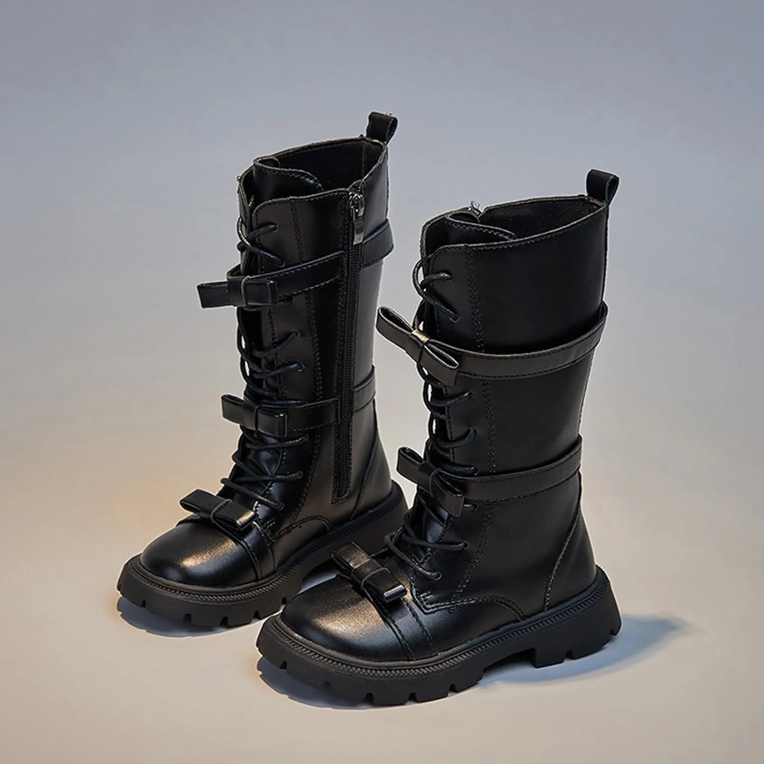Girls Knee High Fashion Boots Buckle Zipper Flat Boots Non-Slip Fall Winter Flat Riding Boots Western Cowboy Boots