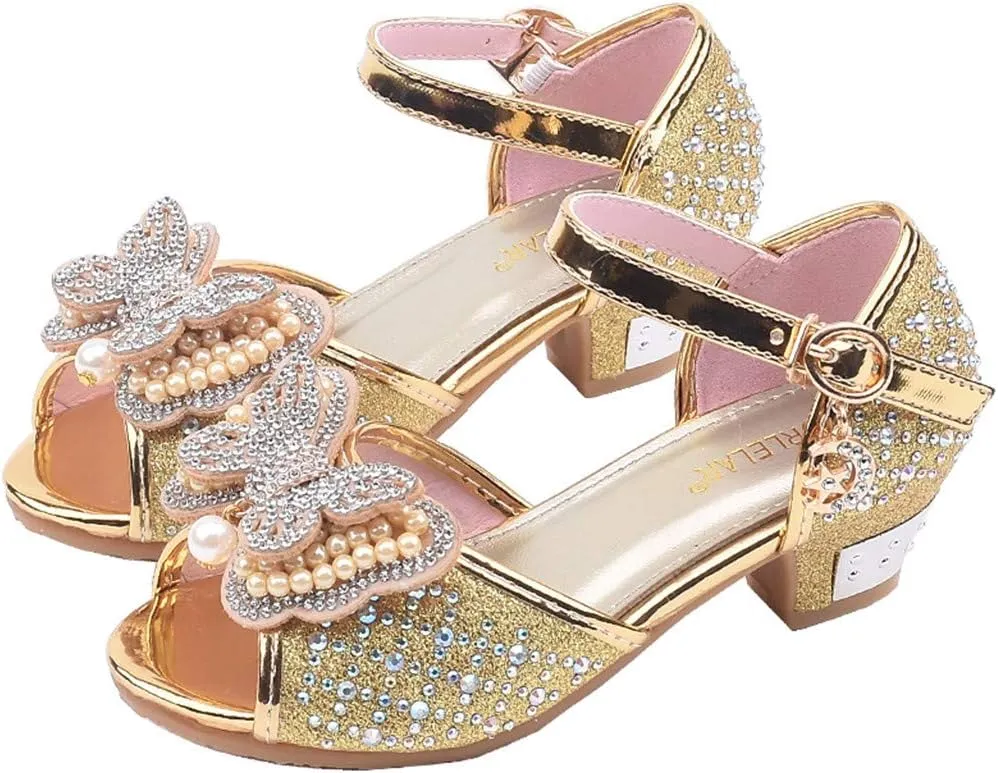 Girls Sandals Crystal Pearl Dress Shoes Princess High Heels Party Wedding Flower Girls Shoes for Kid Toddler 4-12Years (Gold-02A#, 4.5-5Years)