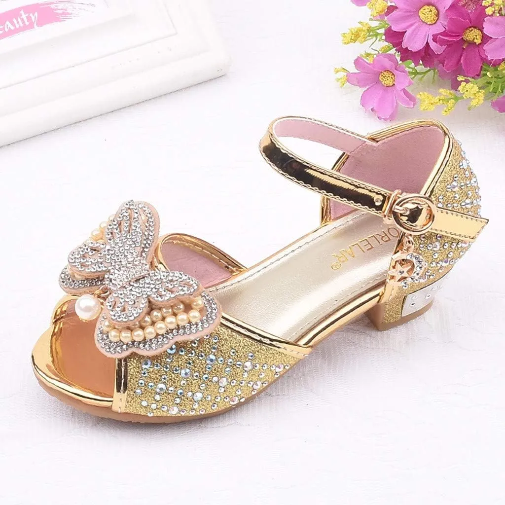 Girls Sandals Crystal Pearl Dress Shoes Princess High Heels Party Wedding Flower Girls Shoes for Kid Toddler 4-12Years (Gold-02A#, 4.5-5Years)