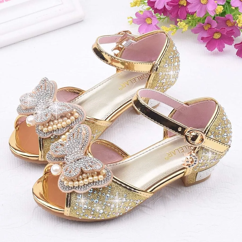 Girls Sandals Crystal Pearl Dress Shoes Princess High Heels Party Wedding Flower Girls Shoes for Kid Toddler 4-12Years (Gold-02A#, 4.5-5Years)