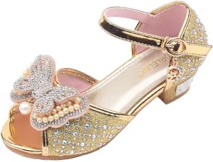 Girls Sandals Crystal Pearl Dress Shoes Princess High Heels Party Wedding Flower Girls Shoes for Kid Toddler 4-12Years (Gold-02A#, 4.5-5Years)