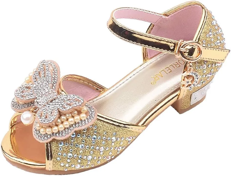 Girls Sandals Crystal Pearl Dress Shoes Princess High Heels Party Wedding Flower Girls Shoes for Kid Toddler 4-12Years (Gold-02A#, 4.5-5Years)