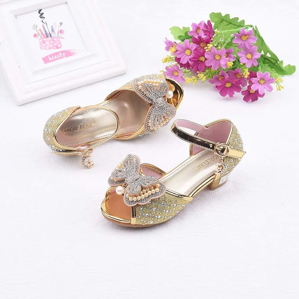 Girls Sandals Crystal Pearl Dress Shoes Princess High Heels Party Wedding Flower Girls Shoes for Kid Toddler 4-12Years (Gold-02A#, 4.5-5Years)
