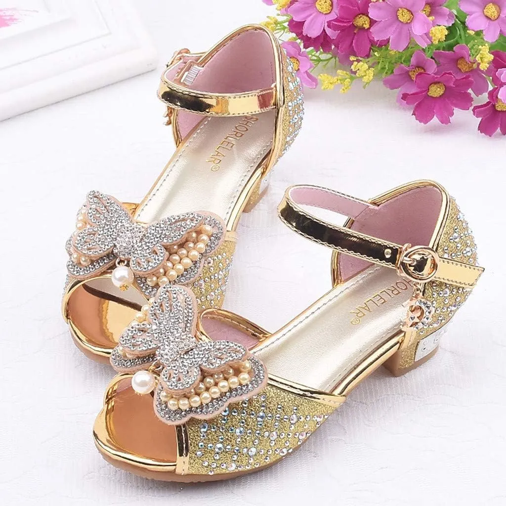 Girls Sandals Crystal Pearl Dress Shoes Princess High Heels Party Wedding Flower Girls Shoes for Kid Toddler 4-12Years (Gold-02A#, 4.5-5Years)